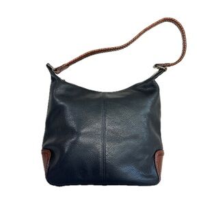 Vintage Fossil Dawson Black Pebbled Leather Brown Braid Strap Hobo Shoulder Bag